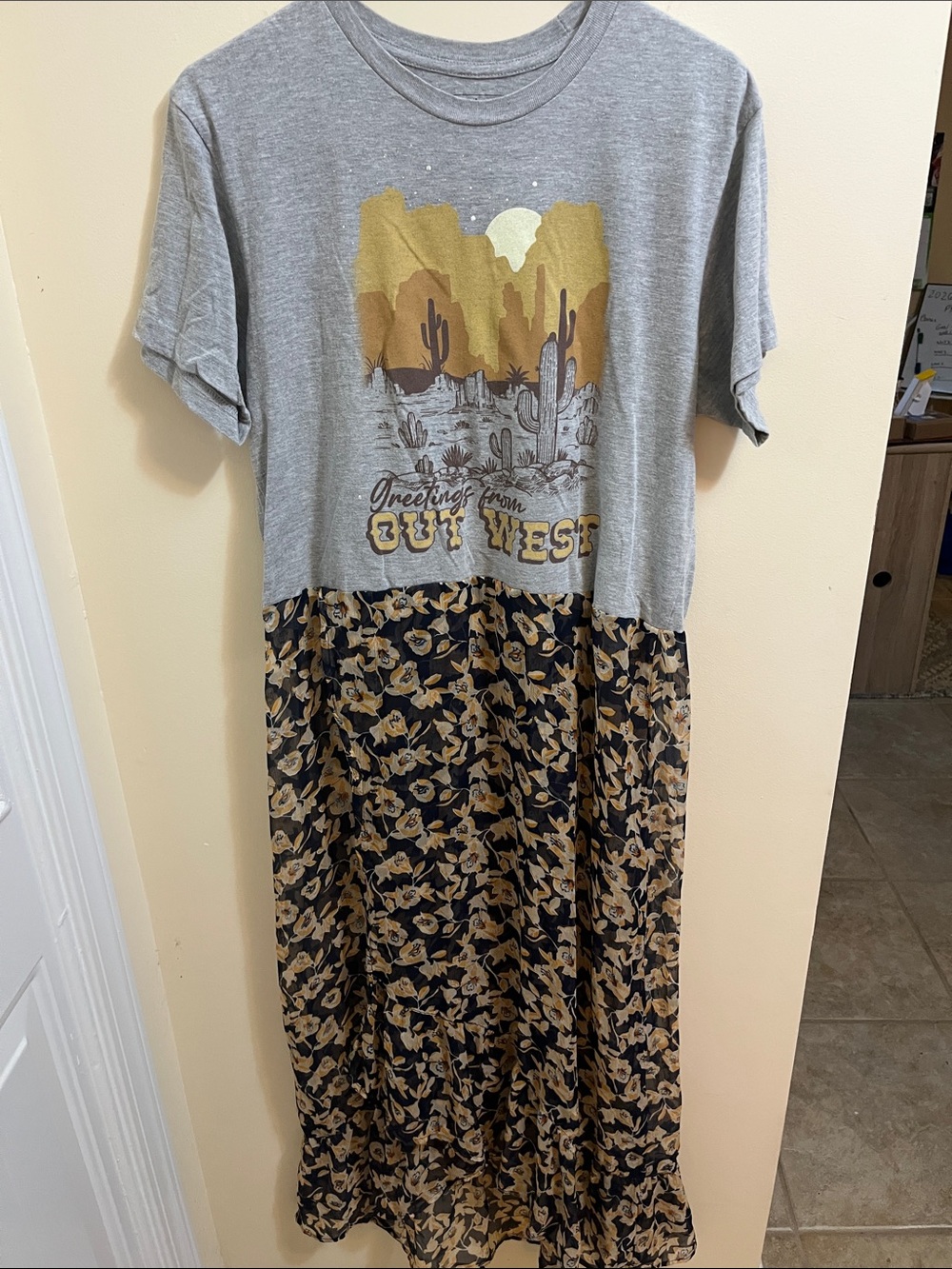 Grey Graphic Desert Tee Maxi Dress with Floral Skirt